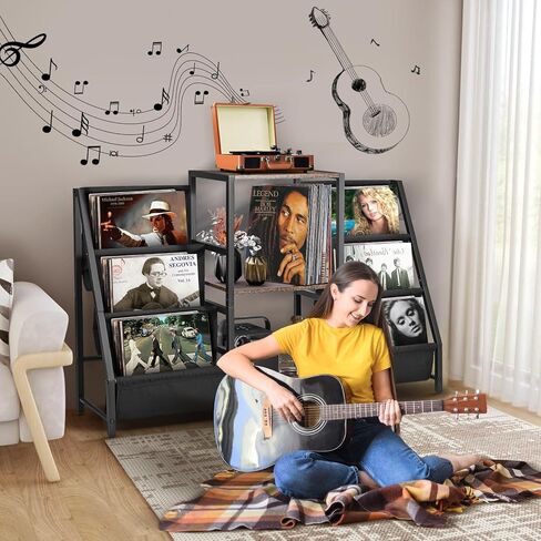 حامل مشغل الأسطوانات مع مساحة تخزين من الفينيل، طاولة مشغل الأسطوانات مع وحدة تخزين أسطوانات الفينيل تحمل 220 ألبومًا، حامل القرص الدوار مع حامل الأسطوانات رف عرض من الفينيل، خزانة مشغل الأسطوانات لغرفة المعيشة in Kuwait