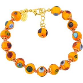 Glass Of Venice Murano Glass Bracelet Italian Millefiori Mosaic Beads - Orange with Extender Chain. Handmade Blown Glass - Murano Glass Bracelets for Women