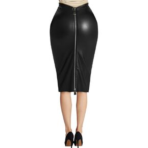 Women's Faux Leather Pencil Skirt, High Waist Midi Length with Double Zipper