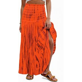 Women's Smocked Floral Maxi Skirts 2025 Summer Tube Dresses Flowy Boho Long A line Pleated Beach Skirt
