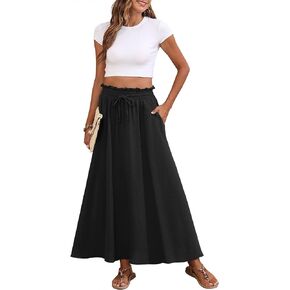 Askyes Womens Maxi Skirt Summer Tie Knot Elastic High Waisted Boho Casual Beach Flowy Swing Long Skirts with Pockets