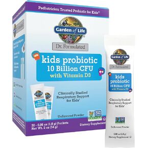 Garden of Life Dr. Formulated Kids' 10 Billion CFU Probiotic Stick Pack with D3 – Supports Bones, Teeth & Immune Function, Unflavored Powder, 30ct Carton