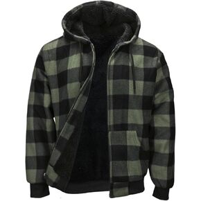 Mens Sherpa Fleece Lined Hoodie, Plaid Flannel Jackets With Hooded Winter Warm Coats Heavy Sweatshirt Full Zip Up