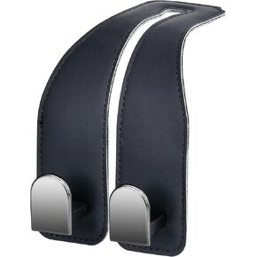 Car Hooks for Headrest, Leather Car Seat Back Storage Organizer Interior Accessories, Auto Seat Hook Hangers for Purse Umbrellas Handbag Clothes Coats Grocery Bags (Black-2 Pack)