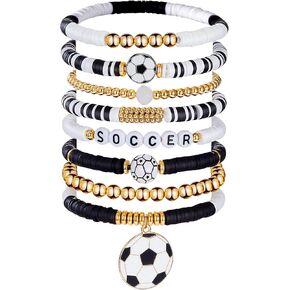 8 Pcs Soccer Charm Bracelets for Women Mom Adjustable Stackable Sports Accessories Clay Beaded Stretch Bracelets Gifts for Teen Women Soccer Game Day Team Party Favors