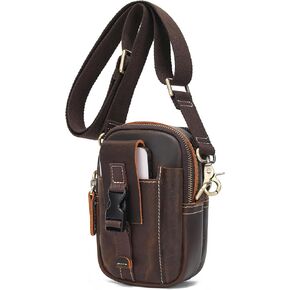 LANNSYNE Full Grain Leather Mini Shoulder Bag, Waist Belt Bag for Men and Women, Pack Cigarette Phone Case Casual Small Messenger