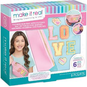 Make It Real: Fashion Bum Bag with Patches - 9 pcs, Pink Zipper Bag with Rainbow Band, DIY Customize, Love Patches, Tweens, Girls & Kids Ages 8+