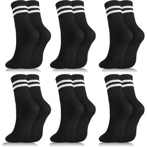 Womens White Crew Socks 6 Pair Striped Trim Casual Crew Socks Mid Calf Ankle Socks Vintage Retro Gym Running