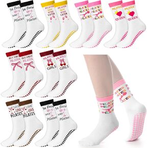 Jeyiour 16 Pairs Pilates Socks Grip for Women Girls Non-slip Yoga Crew Grippy Pink Bow Pilates Socks