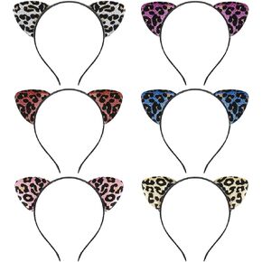 6 PCS Leopard Cat Ears Beadbands Glitter Flocking Cat Ear Beadband for Woman and Girls Party Supplies