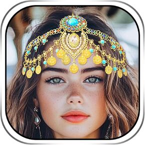 Urieo Boho Gold Head Chain Coin Egyptian Headpiece Jewelry for Women Crystal Hair Accessories
