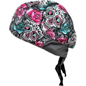 Platinum Biker Doo Rag Headwrap Pink White Turquoise Day of The Dead Sugar Skull Muerte Calavera Roses Look Sweatband