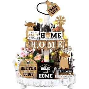 Soaoo 16 Pcs Highland Cow Tiered Tray Decor Gnome Plush Tray Decor Farmhouse Rustic Wood Table Signs with String Lights for Holiday Table Centerpieces Home(Highland Cow)
