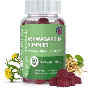 Ashwagandha Gummies مع الوردية المختلطة و L Theanine ، 1000 ملغ للدعم المناعي ، ملحق استخراج الجذر Ashwa للنساء والرجال -60