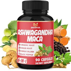 جذر Ashwagandha Maca مع الكركم ، الزنجبيل ، Ginkgo Biloba ، Black Pepper - 90 Count - 3 أشهر إمداد