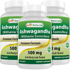 Best Naturals 3 Pack Ashwagandha Capsules for Relaxing Stress and Mood, 500 mg, 120 Count (Total 360 Capsules)