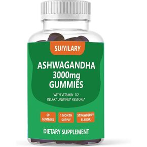 Ashwagandha Gummies 3000mg ، Ashwagandha High Strength Root Extract مع فيتامين D2 للنساء ، نكهة الفراولة 1 شهرا تزويد 60 لعبة Gummies