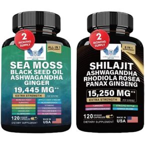 طحالب البحر + حزمة شيلاجيت (2 عبوة) - 120 كبسولات EAC SEA MOSS 7000MG زيت البذور السوداء 4000mg Ashwagandha