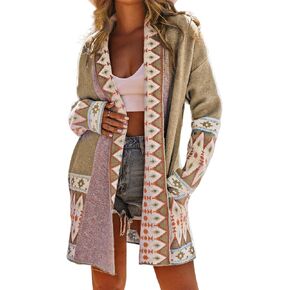 Perbai Womens Boho Aztec Cardigan Sweater Shawl Collar Open Front Tribal Long Sweater Coat with Pockets in Kuwait
