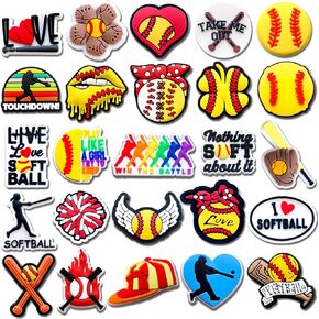 Xaldrichasta 25Pcs Softball Shoe Charms for Clog Different Matching Sandals Wristbands Bracelets, Sports Ball Shoe Charms Decorations (Softball)