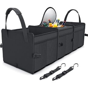 Sturdy Large Volume Trunk Organizer with Premium Insulation Built-in Cooler Bag, 3 Compartments Heavy Duty Collapsible Storage Bag for Car, SUV, Truck, or Van