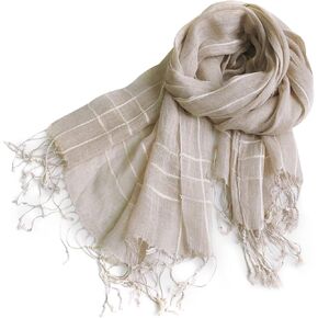 Flax Linen Scarf For Women Men Plaid Striped Print Lightweight Breathable Scarves Warm Stole Wrap Sunscreen Shawl