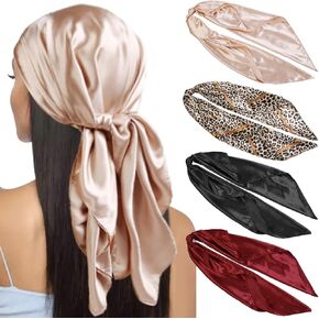 WOVOWOVO 35" Large Satin Square Head Scarf, 4PCS Silk Like Neck Scarf Hair Sleeping Wraps Satin Silk Scarfs for Women