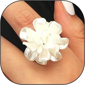 Unique Flower Adjustable Statement Ring for Women,Gold Plated White Camellia Rose Ring,Clear Floral Petal Round Pearl Wedding Promise Finger Ring