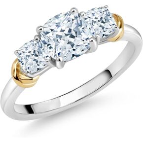 Gem Stone King Two-Tone Gemstone Birthstone 3-Stone Engagement Ring for Women | 925 Silver and 10K Yellow Gold | Cushion Cut 6MM and 4MM | Three Stone Wedding Anniversary Promise Ring | Sizes 5-9