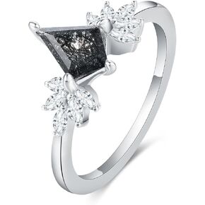 Mix Art Deco 1.1ct - 2ct Natural Black Rutilated Quartz 925 Silver Women Rings: Various Cut Plated with Platinum Engagement Rings, Leaf Vines & Geometric Sterling Silver Bridal Promise Ring for Her (1.10ct 1.30ct 1.35ct 1.5ct 2ct) Size 4-9 in Kuwait