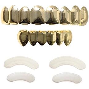 24K Plated Gold Grillz 8 Teeth Mouth Top & Bottom Set Hip Hop Bling Grills for Men + Microfiber Cloth