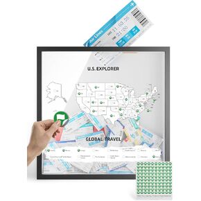 Travel Adventure Archive Box, with Where I've Been Map for Memory, 11.4"x11.4" Travel Shadow Box with Slot for Tickets Collection, Keepsake Frame with Stickers & US Map for Tracking (Black)