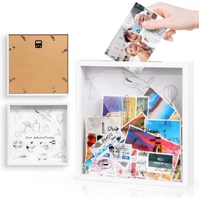 Adventure Archive Box,Travel Shadow Box Frame with Slot, 8“&12" Memory Box,World Map Pattern,Perfect for Concert,Music,Theater & Photography Tickets,Shadow Box Travel Gift Frame(White, 8x8)
