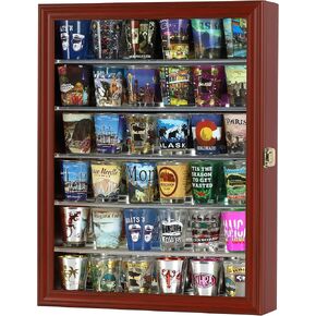Souvenir Shot Glass Display Case Shadow Box Wall Mounted Cabinet Mirror Background in Cherry Finish