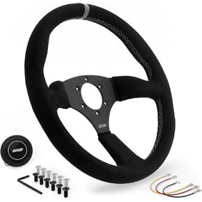 DND Performance Interior's Suede Touring Steering Wheel / 350mm Diameter and 50mm Depth / 6x70mm Bolt Pattern/DND Suede Touring Wheel with Horn Button Included (Colored Stitching) (Purple)