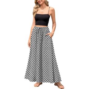 Aodemo Women's Flowy Maxi Skirt Summer Boho Pleated Elastic Waisted Casual Beach Long Skirts with Pockets
