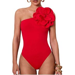 WDIRARA Women's 3D Flower One Shoulder Sleeveless Bodysuit Cocktail Party Bodysuit Leotard