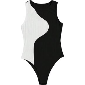 Milumia Women's Colorblock Tank Top Bodysuit Crewneck Sleeveless Rib Knit Leotards