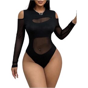WDIRARA Women's Cold Shoulder Long Sleeve Bodysuit Sheer Mesh Jumpsuit Sexy Leotard Tops
