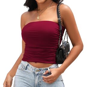 Satin Tube Tops for Women Strapless Ruched Bandeau Shirts