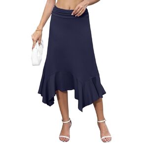 Stretchy High Waisted Midi Skirt for Women Handkerchief Hemline Soft Fit Flowy Summer Casual Skirts
