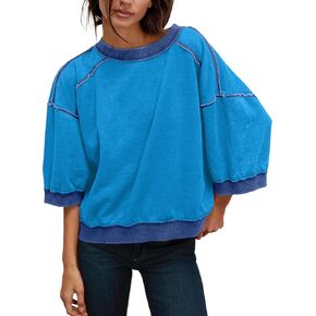 3/4 Sleeve Sweatshirts for Women Vintage Oversized Crewneck Fleece Sweatshirt Loose Casual Summer Fall Pullover Tops
