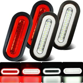 4pcs 6" inch Oval LED Trailer Trucks Halo Tail Lights,2x Red LED Stop Brake Turn Lights,2x White LED Reverse Back up Tail Lights w/Rubber Grommet Flash Mount For RV/Van, DC 12V