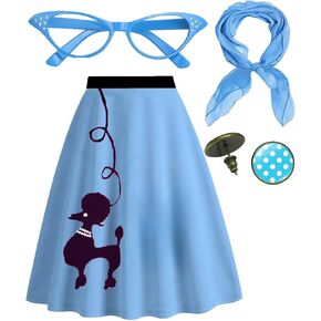 Womens Poodle Skirts 1950s Outfits Adult Halloween Costumes 2025 with Scarf Glasses Vintage Earring Skirts 4 Pcs Set