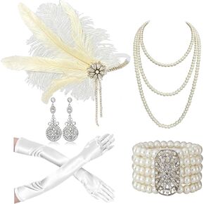 Cizoe Flapper Accessories for Women,20s Great Gatsby Accessory Set 1920s Headpiece Flapper Headband Gloves Necklace