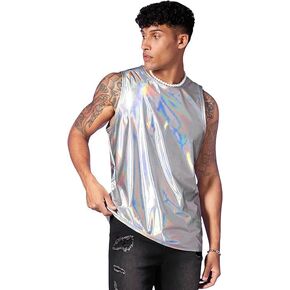 WDIRARA Men's Metallic Tank Top T Shirt Sleeveless Round Neck Club Party Top Pure Silver X-Large
