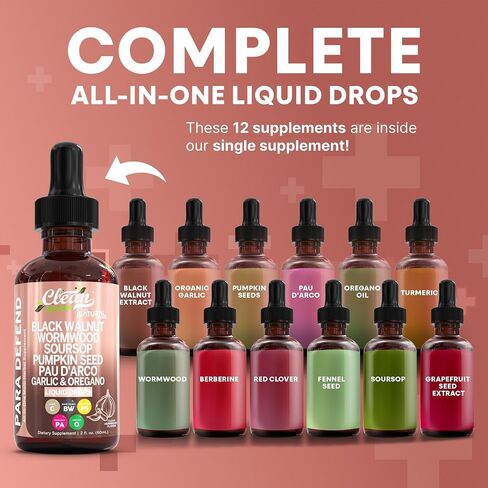 para Defend Wormwood Black Walnut Cleanse for Humans Drops Liquid Soursop Garlic Pumpkin Seed PAU D'Arco Oil of Oregano Turmeric Berberine Neem Extract Hull Bark Tincture by Clean Nutra in Saudi Arabia