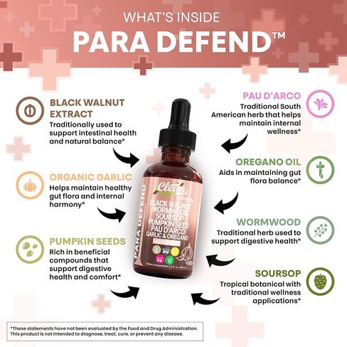 para Defend Wormwood Black Walnut Cleanse for Humans Drops Liquid Soursop Garlic Pumpkin Seed PAU D'Arco Oil of Oregano Turmeric Berberine Neem Extract Hull Bark Tincture by Clean Nutra in Saudi Arabia