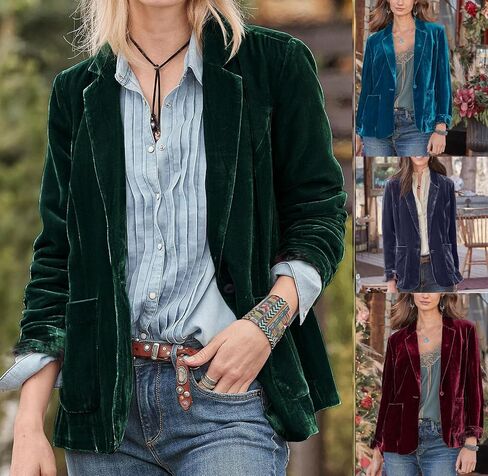 CHARTOU Casual 1 Button Velvet Jacket Women Velvet Cardigan Blazer Office Work Short Coat Suit Jacket with Pocket in Saudi Arabia
