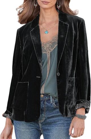 CHARTOU Casual 1 Button Velvet Jacket Women Velvet Cardigan Blazer Office Work Short Coat Suit Jacket with Pocket in Saudi Arabia